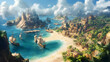 A Bustling Coastal City Thrives Under A Vibrant Sun, Ships Arriving At Its Sandy Shores, Ancient Stone Buildings Climbing Hillsides, A Picturesque Scene Of Trade And History With Clear Blue Waters And
