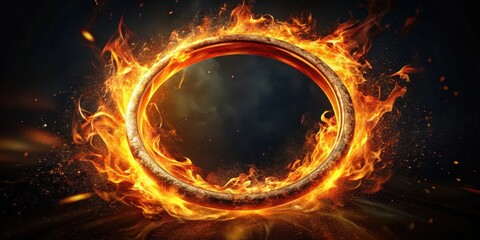 Wall Mural - a ring set amidst a blaze of fiery embers on a dark canvas background