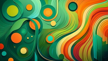 Green wallpaper with colorful circles and lines. Generated image