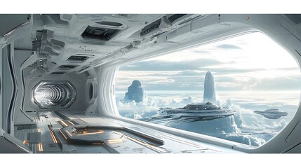 Wall Mural - a futuristic spaceship corridor offers a breathtaking view of a stunning alien planet landscape thro
