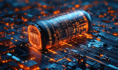 Poster - Futuristic glowing data storage device on circuit board with neon lights and intricate patterns