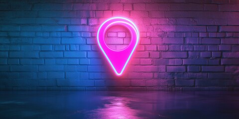 Poster - Neon location pin glowing against textured wall in vibrant pink and blue colors