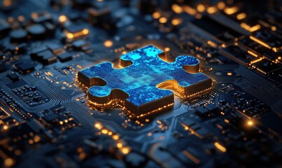 Poster - Puzzle piece on circuit board symbolizing technology integration and problem solving
