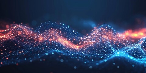 Poster - Abstract digital wave pattern with glowing blue and orange lights in dark background