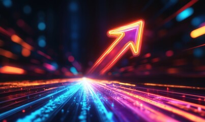 Poster - Dynamic upward arrow with vibrant neon lights representing growth and progress