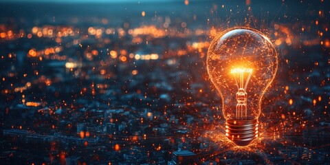 Poster - illuminated light bulb with glowing sparks over city skyline at night