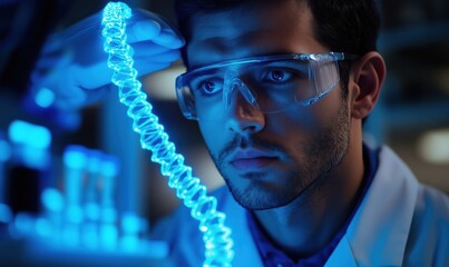 Poster - scientist examining glowing blue DNA strand in laboratory setting with focused expression