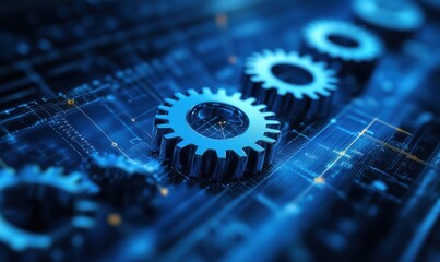 Poster - Blue Gears on Digital Circuit Board Background Representing Technology and Innovation