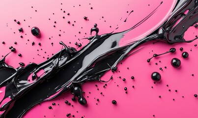 Poster - Black paint splash on vibrant pink background creating dynamic artistic effect