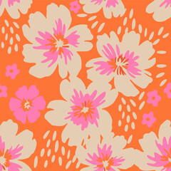 tropical floral pattern with orange background. seamless pattern with florals for fabric, textiles, 