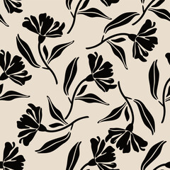 Black floral pattern with beige background. Seamless pattern with florals for fabric, textiles, clothing, wrapping paper. Vector illustration