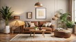 © Akash - Warm and cozy interior of living room space with brown sofa, pouf, beige carpet, lamp, mock up poster frame, decoration, plant and coffee table. Cozy home décor.