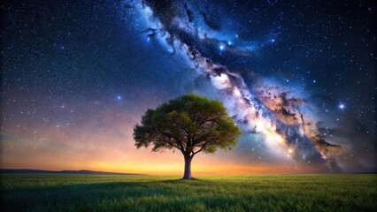 Wall Mural - a lone tree stands tall in a vast field under a starry night sky with constellations visible as tiny