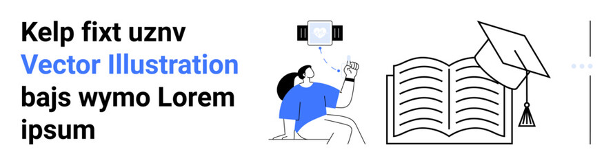 Aufkleber - person holding smartphone with digital interface, open book, and graduation cap. ideal for education