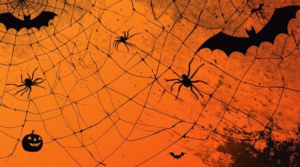 Creepy spider webs with spiders, pumpkins, and bats flying around, vector Halloween background 