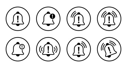 Poster - Warning bell icon set collection on circle line. Danger caution notification sign symbol