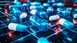© Aysel - Blue and white pill inside immersive interface over blue red background with atomic grid. Concept of hi tech in medicine. 3d rendering toned image