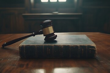 Fototapete - A focused shot of a law book with a gavel lying next to it, the blurred backdrop of a courtroom scene suggesting gravity. The space at the top is available for a legal service ad. 