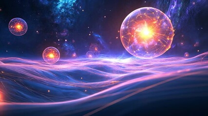 Poster - Cosmic Energy Spheres: A mesmerizing depiction of ethereal spheres pulsating with radiant energy floating amidst celestial nebulas and cosmic waves, evoking a sense of the infinite universe.