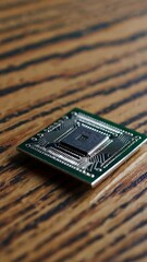 Poster - Macro view of rotating microchip on wooden surface highlighting circuit details