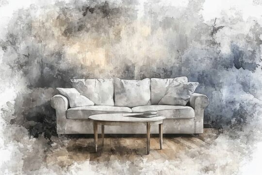 A beautifully rendered watercolor painting shows a living room setting