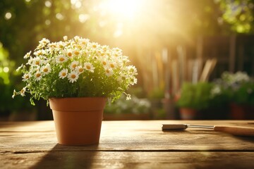 Poster - A flowerpot filled with blooming daisies rests on a rustic wooden table. Surrounding gardening tools complete the cozy garden atmosphere illuminated by warm sunlight