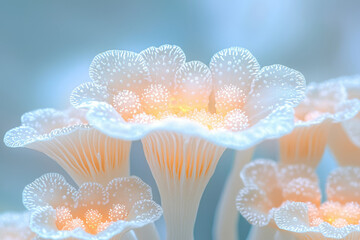 Poster - Delicate, glowing mushrooms with intricate, bell-shaped caps, illuminated from within.