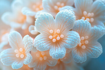Poster - Close-up of delicate, pastel-colored flowers with textured petals, exhibiting intricate detail and soft lighting.