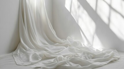 Poster - Soft white fabric draped elegantly in a sunlit room, creating a serene and calming atmosphere