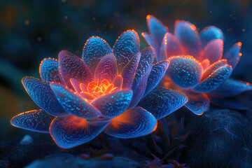 Poster - Glowing, bioluminescent lotus flowers illuminate a dark, mystical scene.