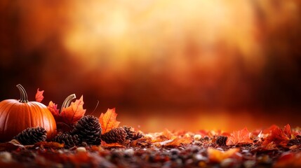 Poster - This vibrant autumn display stand showcases decorative pumpkins, pinecones, and colorful dried leaves, all illuminated by warm lighting for a cozy atmosphere