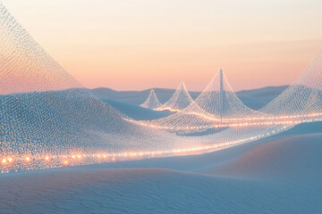 Poster - Illuminated network structures traverse a serene desert landscape at sunset.
