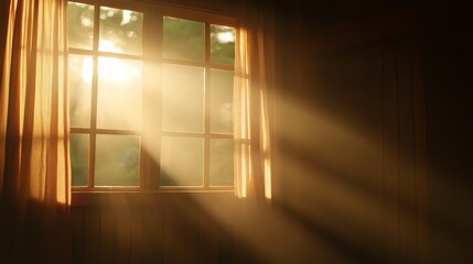 Poster - Warm sunlight filters through an open window, casting gentle shadows and moving the curtains slightly, enhancing the serene ambiance of the room