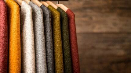 Aufkleber - A neat row of winter coats in various vibrant colors is displayed on a wooden rack, illuminated by warm natural light, creating an inviting atmosphere