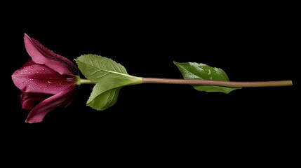 Poster - A single pink tulip displays delicate dew drops on its petals, while its blurred stem and leaves draw attention to the flower's vibrant beauty in spring