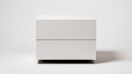 Poster - This white wooden bedside table features two smooth drawers and a clean design, presented against a seamless white background, ideal for a contemporary setting