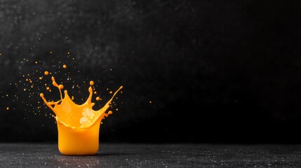 Aufkleber - Bold orange paint splash suspended in mid-air against a black backdrop, showcasing dynamic droplets and ample copy space on the left side for text overlay