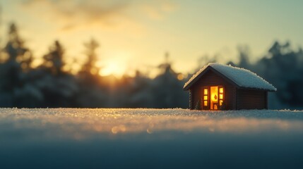 Poster - A handcrafted miniature Christmas cottage emits a soft yellow light from within, surrounded by faux snow under a beautiful sunset, creating a cozy holiday feel