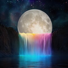 Wall Mural - a vibrant fantasy realm with multicolored glowing waterfalls under a giant full moon, sparkling cons