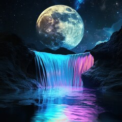 Wall Mural - a vibrant fantasy realm with multicolored glowing waterfalls under a giant full moon, sparkling cons