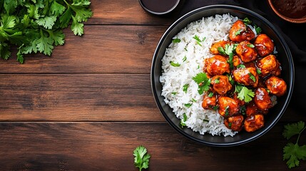 Poster - Bowl of aromatic chicken curry accompanied by fluffy steamed rice and garnished with green coriander, placed on a rustic wooden table with neutral backdrop