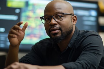 Aufkleber - IT specialist seated at a modern desk gestures toward a holographic screen showcasing computer industry trends, engaged in focused discussion. Copy space available