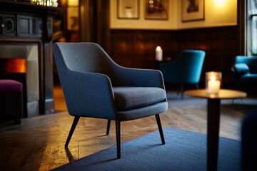 Poster - Stylish armchair with soft upholstery features prominently in a lounge, enhanced by warm lighting and dark wood accents, inviting relaxation and comfort