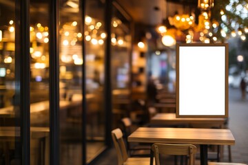Aufkleber - Vertical white poster mockup is positioned in the coffee shop window, showcasing an inviting design space amidst a warm, stylish interior with wooden furniture