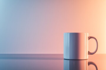 Fototapete - A plain white ceramic mug sits on a smooth, reflective surface, illuminated by a light gray gradient background, providing ample copy space on the left side