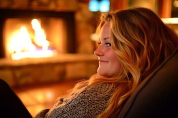 Poster - A woman with long, wavy hair enjoys a peaceful evening by the glowing fireplace, wrapped in a knitted sweater, immersed in a moment of warmth and tranquility