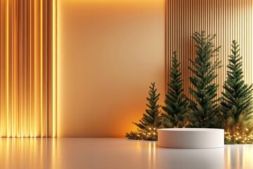 Aufkleber - A modern holiday arrangement showcases a white podium beside three symmetrical fir trees against a muted gold backdrop, creating a tranquil atmosphere