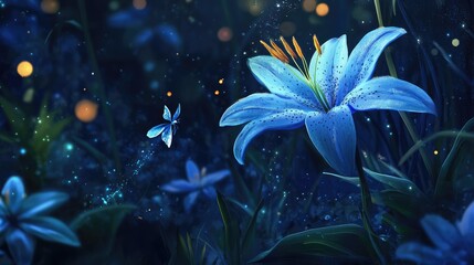 Poster - A serene night scene featuring a glowing blue lily with a butterfly hovering nearby, surrounded by sparkling lights