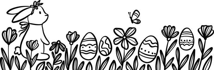 Aufkleber - Cute vector Easter line art doodle bunny illustration with flowers and eggs, festive rabbit on a spring field border or frame design for greeting cards, isolated