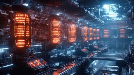 Poster - Futuristic Spaceship Engine Room with Glowing Pulsating Lights